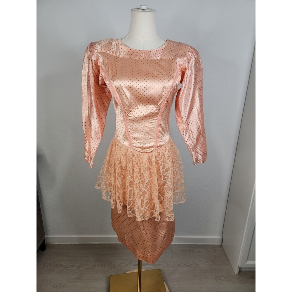 Vintage Homemade Homecoming Mid 80s Party Dress Peach Lace Sheath Peplum S - Picture 13 of 17